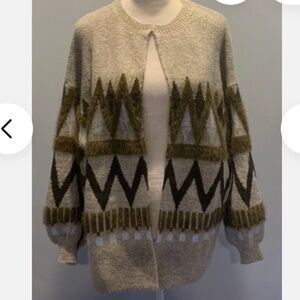 Anthropologie Akemi Kin Open Sweater Beige and Green Geometric Pattern-Size O/S